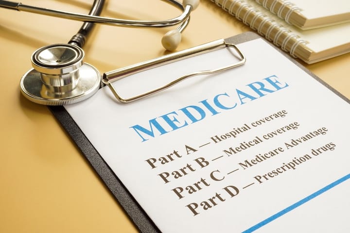 Picture of a clipboard with text Medicare Part A, Part B, Part C, and Part D