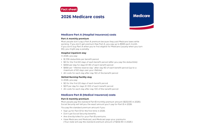 Image of the first page of the 2026 Medicare Costs publication from Medicare.gov 